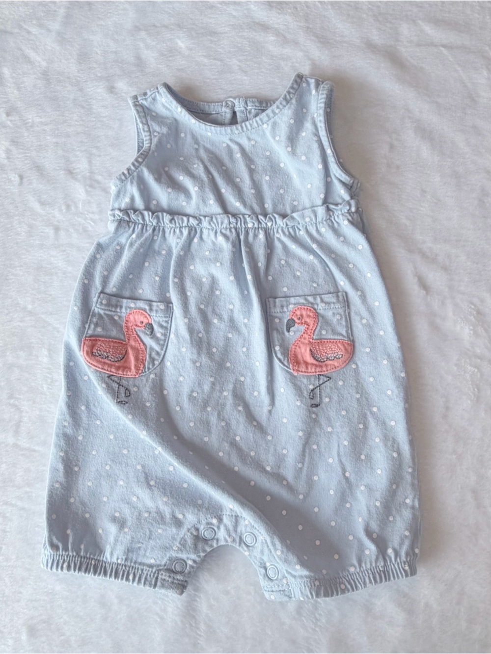 Simple Joys by Carters - Ligut Blue Polka Dot Romper with Pink Flamingos - 3-6m